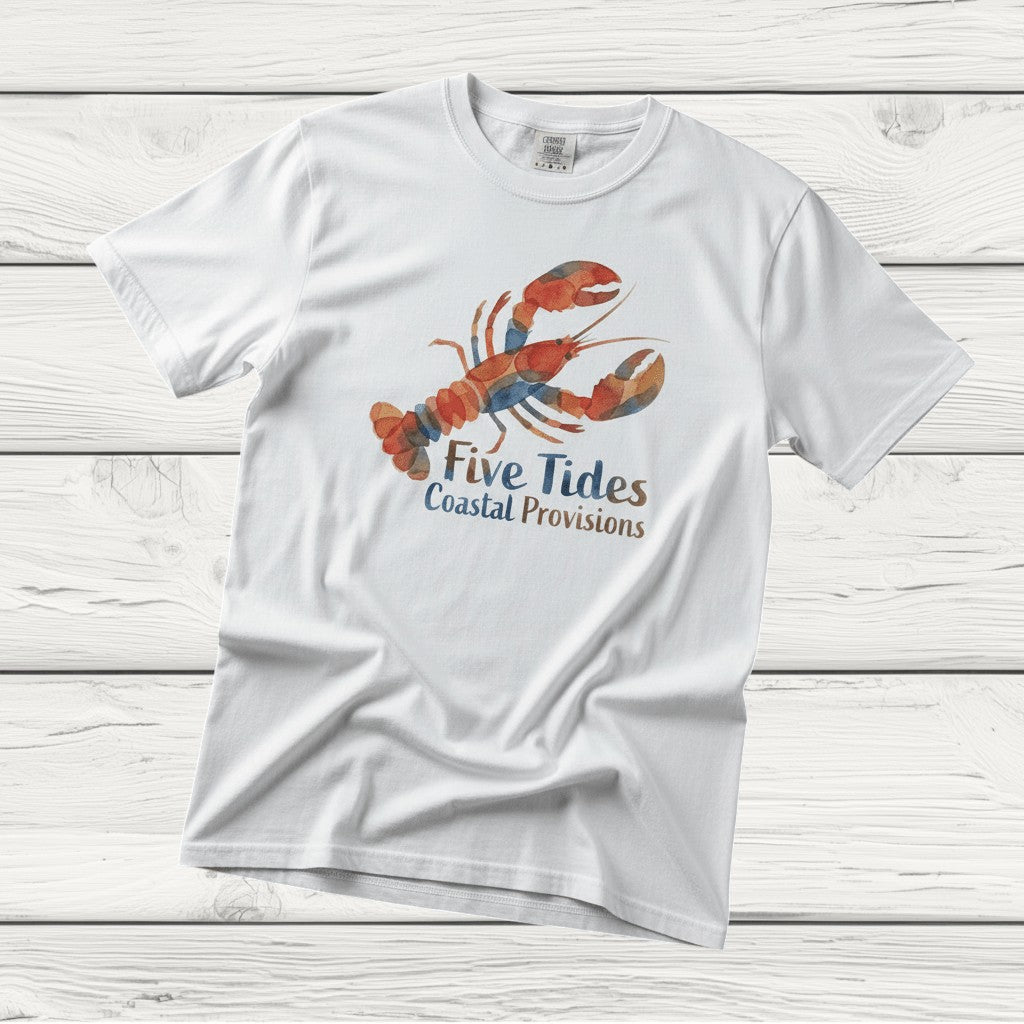 Watercolor Lobster white garment-dyed tee casually tousled on rustic reclaimed wood