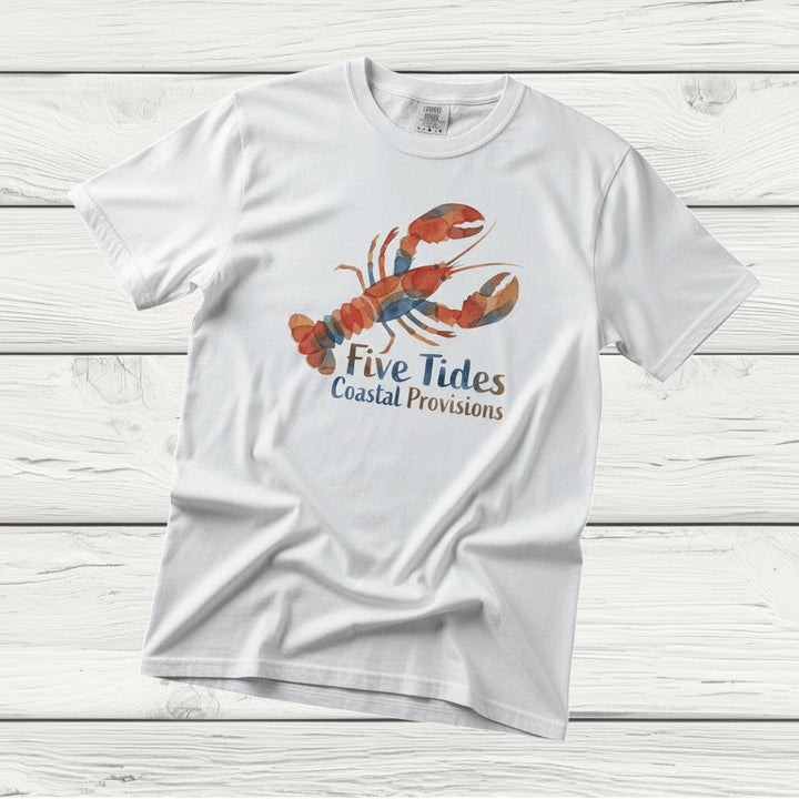 Watercolor Lobster white garment-dyed tee casually tousled on rustic reclaimed wood