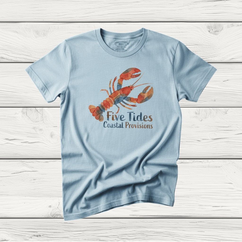 Watercolor Lobster chambray garment-dyed tee casually tousled on rustic reclaimed wood