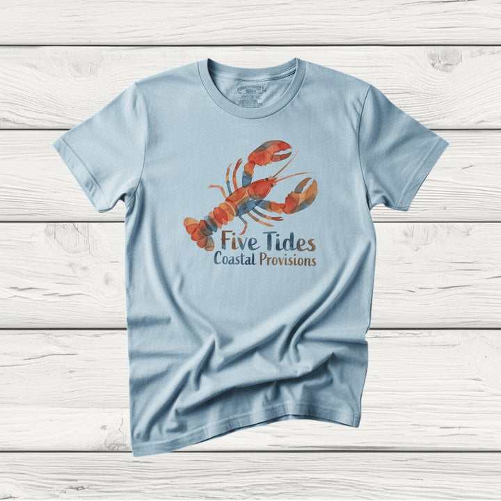 Watercolor Lobster chambray garment-dyed tee casually tousled on rustic reclaimed wood