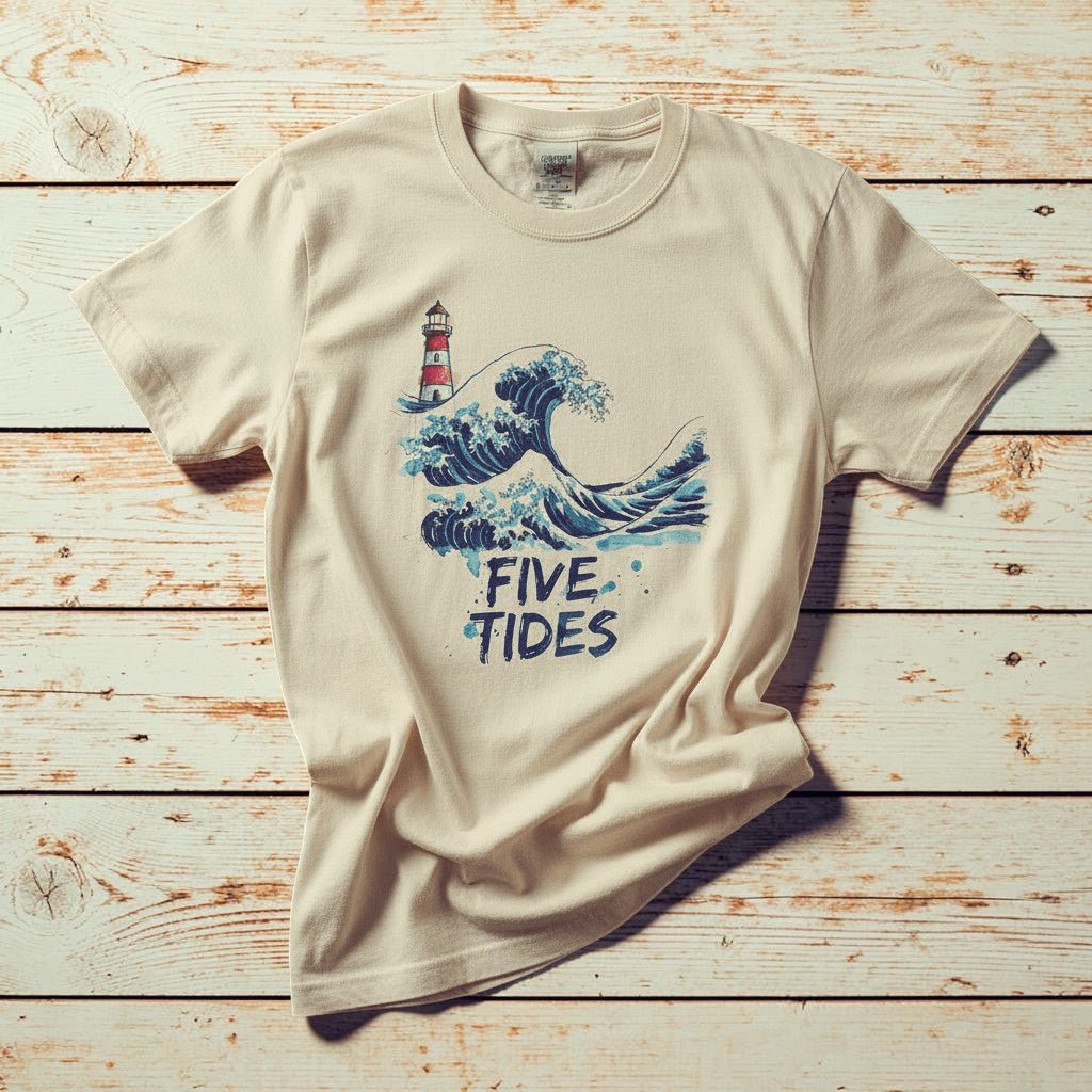 Wave & Lighthouse ivory garment-dyed tee casually tousled on rustic reclaimed wood