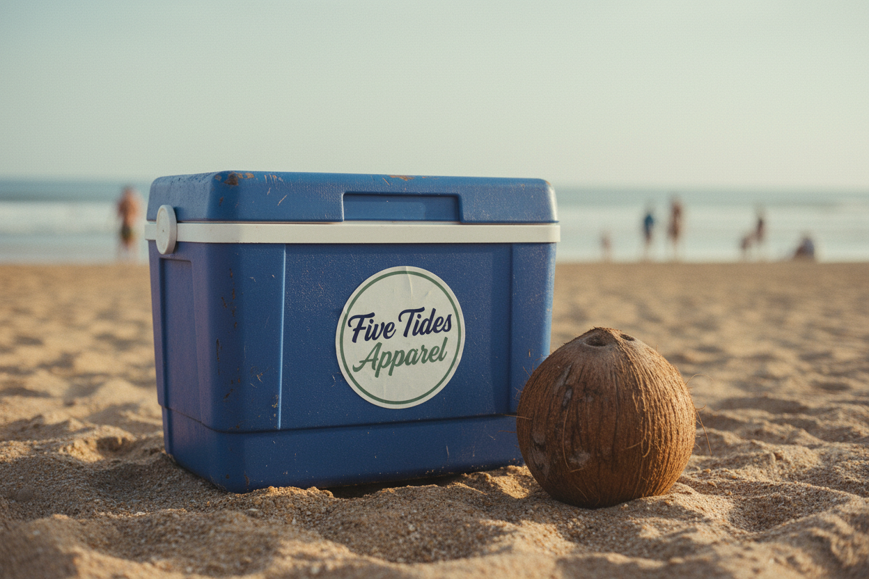Weathered Blue Cooler with Five Tides Apparel Sticker and Coconut