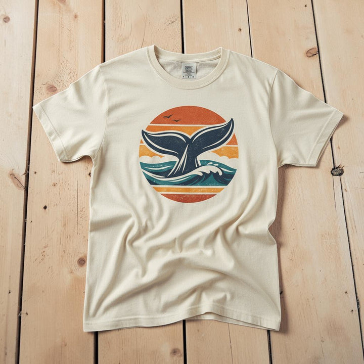 Whale Tail Sunset ivory garment-dyed tee casually tousled on rustic reclaimed wood