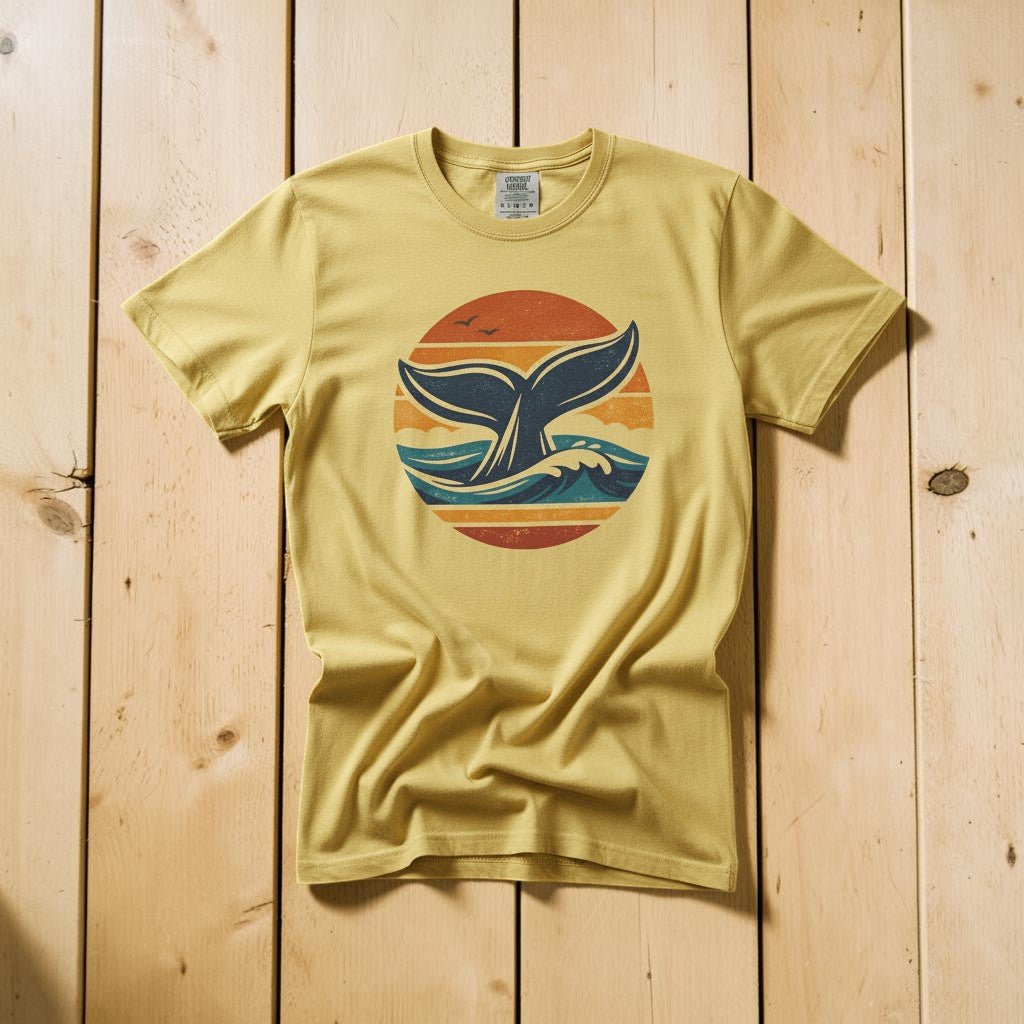 Whale Tail Sunset butter garment-dyed tee casually tousled on rustic reclaimed wood