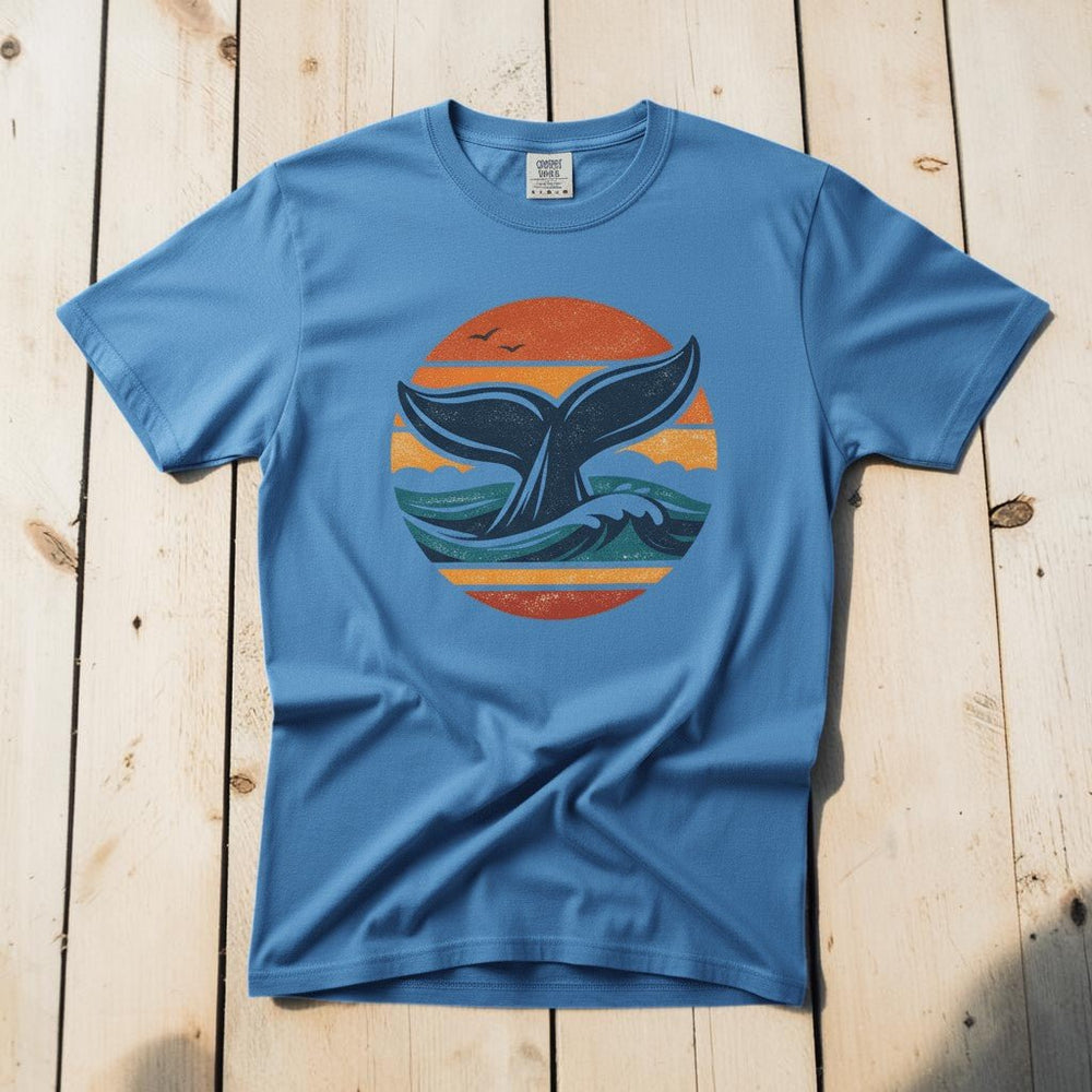 Whale Tail Sunset royal caribe garment-dyed tee casually tousled on rustic reclaimed wood