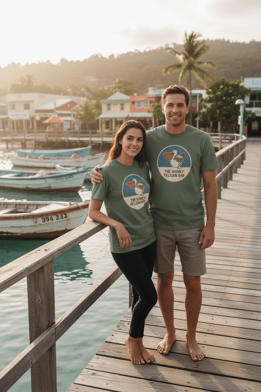 Couple lifestyle - sage and charcoal Wonky Pelican Bar tees, tropical island dock