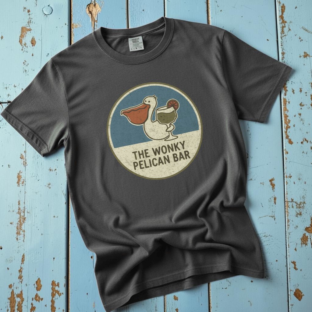 Flatlay - charcoal Wonky Pelican Bar tee on driftwood