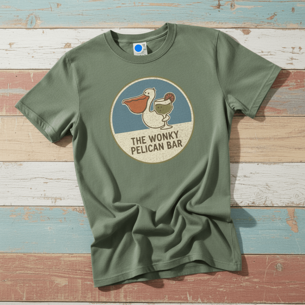 Flatlay - sage green Wonky Pelican Bar tee on driftwood