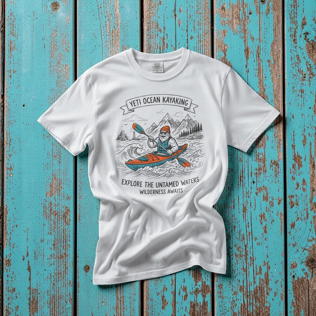 Yeti Ocean Kayaking white garment-dyed tee casually tousled on rustic reclaimed wood