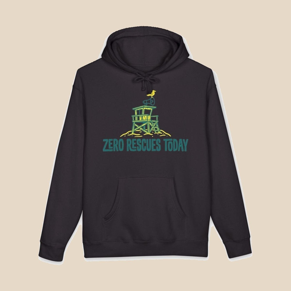 Zero Rescues Today black hoodie flat lay — lifeguard tower graphic pullover by Five Tides Apparel