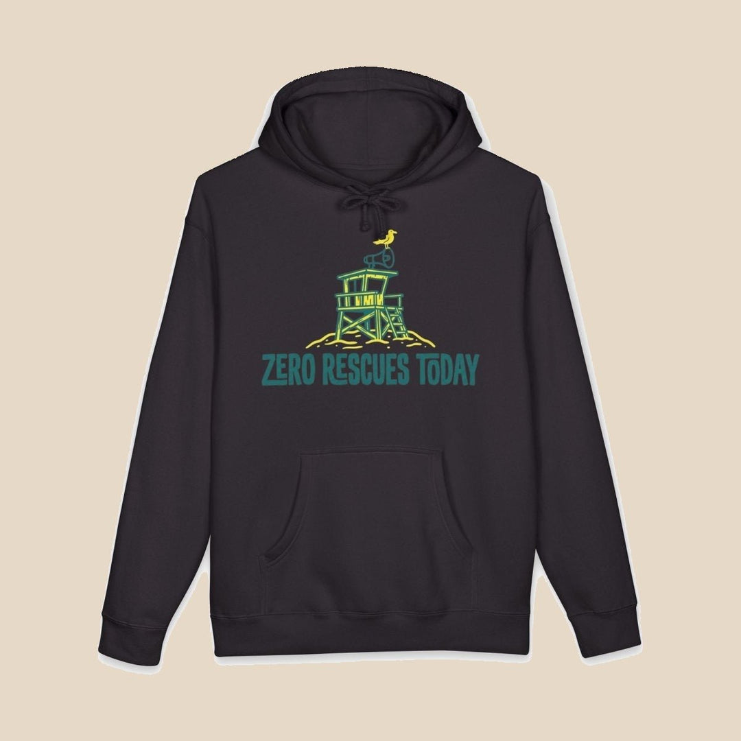 Zero Rescues Today black hoodie flat lay — lifeguard tower graphic pullover by Five Tides Apparel