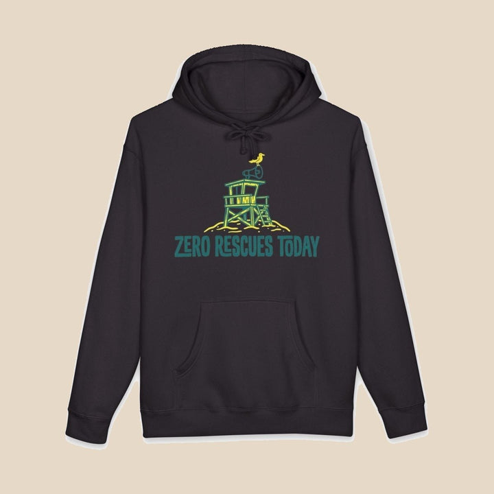 Zero Rescues Today black hoodie flat lay — lifeguard tower graphic pullover by Five Tides Apparel
