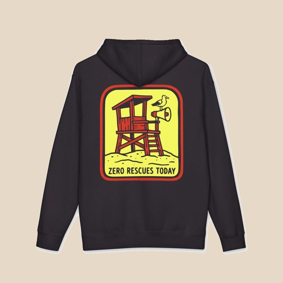 Zero Rescues Today black hoodie close-up of graphic — lifeguard tower graphic pullover by Five Tides Apparel