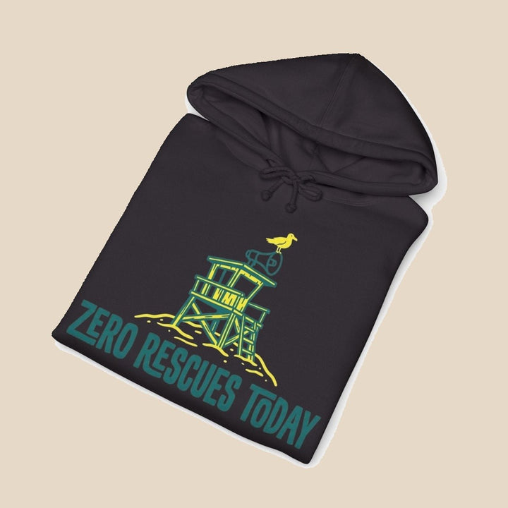 Zero Rescues Today black hoodie back view — lifeguard tower graphic pullover by Five Tides Apparel